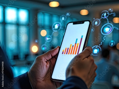 Person Holding Smartphone with Bar Chart and Laptop Behind