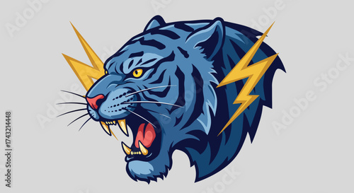 Fierce Blue Tiger Head with Yellow Lightning Bolts.