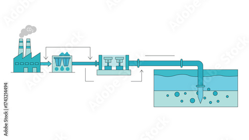 Illustration showing carbon capture and storage process with factory CO2 emission pipeline compression and underground injection technology for environmental protection concept