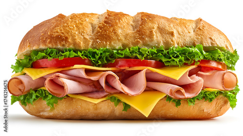 Close-up of two sandwiches with bacon, salami, prosciutto and fresh vegetables on rustic wooden cutting board. Club sandwich concept.