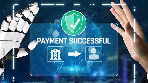 AI confirms secure payment transaction, verifying user identity, processing order, and authorizing completed digital payment within trusted financial systems. Marrow