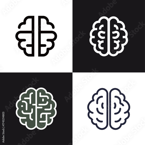 Four unique brain designs are displayed, each with its own artistic style. The illustrations represent creativity, intelligence, and different interpretations of the brain.