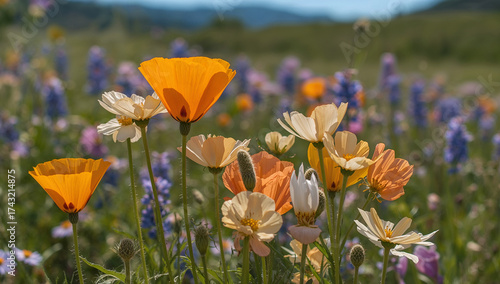 Orange and yellow wildflowers bloom in meadow orange poppies
