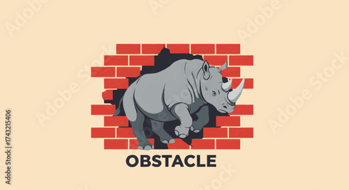 Rhino Breaking Through a Brick Wall Overcoming Obstacles Concept for Business and Personal Growth