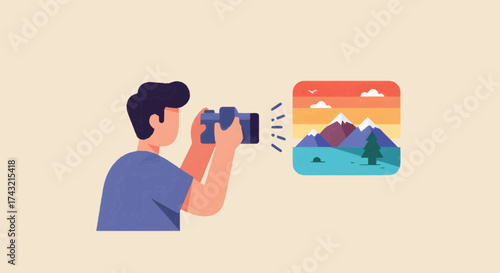 Creative hobby illustration A person photographing a vibrant mountain landscape at sunset, showcasing the joy of capturing memorable moments in nature and travel