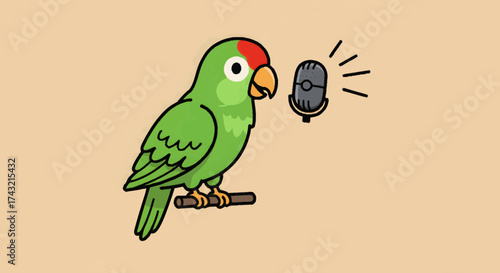 Green parrot illustration with red head, perched and speaking into a classic microphone, perfect for audio, voice, and podcast themes