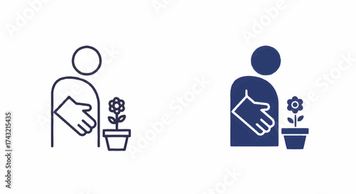 Icon of an individual wearing a gardening glove, nurturing a potted flower, representing home gardening, plant care, growth, and a fulfilling hobby, suitable for various digital and print designs