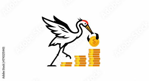 Graceful crane carefully adds a shining gold coin to a growing stack, symbolizing steady financial progress, smart savings, and a secure future through diligent accumulation