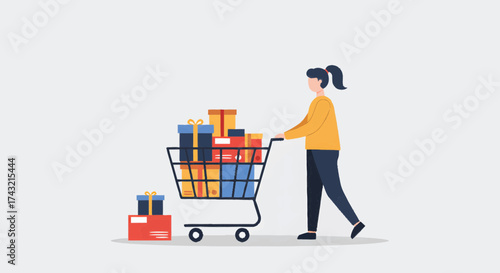Charming illustration of a woman cheerfully pushing a shopping cart filled with colorful gift boxes, symbolizing successful retail purchases, thoughtful gifting, and the joy of consumer celebration