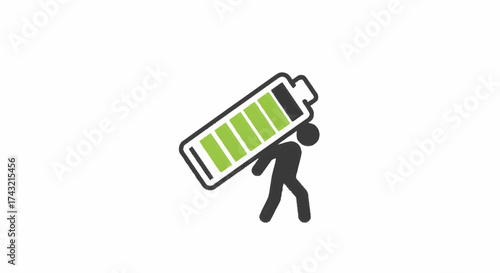 Metaphorical graphic depicting a stylized person diligently carrying a substantial, fully charged battery, conveying themes of sustainable power, personal resilience, and energy responsibility
