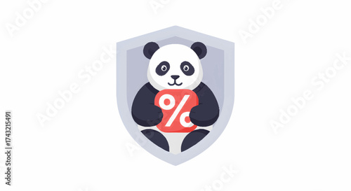 Charming panda mascot illustration with a protective shield holding a percentage symbol, perfect for secure online deals, trusted promotions, and safe savings or protection services