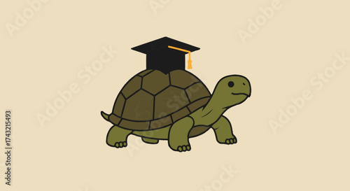 Cartoon illustration of a wise turtle wearing a graduation cap, symbolizing the power of steady progress, intellectual achievement, and the journey of successful education
