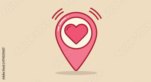 Pink Location Pin with Heart Symbol and Wavy Lines.