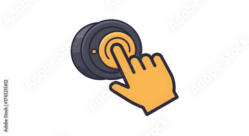 Digital interaction concept featuring a stylized hand pressing a circular button with a glowing center, representing a click, activation, or user input in modern applications and websites