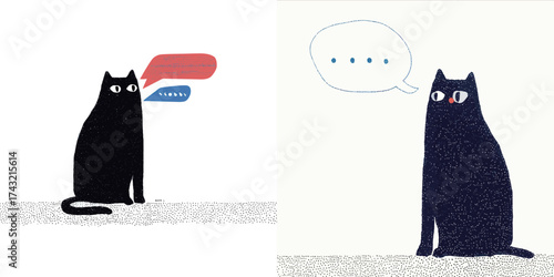 A black cat sits calmly on a plain background, with speech bubbles indicating its thoughts. The cat reflects various moods in this minimalist artwork.