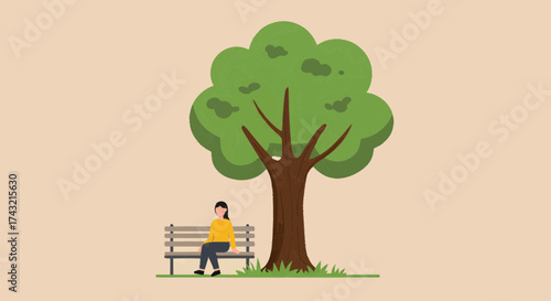 Serene illustration of a woman taking a peaceful break, sitting alone on a park bench under a majestic green tree, enjoying a moment of quiet contemplation and relaxation in nature