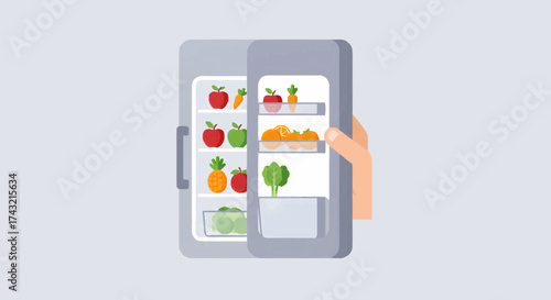 Concept illustration of an open refrigerator brimming with fresh fruits and vegetables, promoting healthy eating and a balanced, nutritious lifestyle