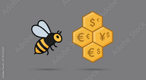 Vector illustration of a diligent bee and international currency symbols within a golden honeycomb, signifying profitable ventures, financial growth, and monetary earnings