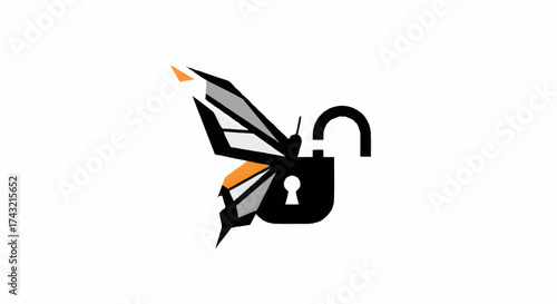 Dynamic icon merging a graceful butterfly with an open padlock, powerfully conveying concepts of robust data security, digital freedom, and the unlockable potential of protected online experiences