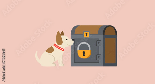Cute cartoon dog with a red collar curiously sniffing a locked, secure treasure chest, symbolizing protection, discovery, and valuable hidden secrets