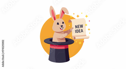 Magical Rabbit Reveals 'New Idea' Scroll - A Whimsical Illustration of Innovation and Creative Thought Emerging from a Magician's Hat