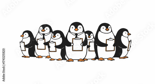 A professional team of cartoon penguins, dressed in business shirts and ties, diligently holding clipboards as they stand in an organized group, ready for assessment or task management
