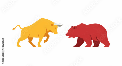 Modern graphic depicting a golden bull and a red bear in confrontation, symbolizing the dynamic bullish and bearish market trends crucial for understanding finance and investment