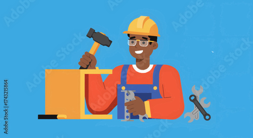 Smiling professional handyman or construction worker assembling a project, confidently holding a hammer and pliers, symbolizing dedicated labor, craftsmanship, and practical DIY work