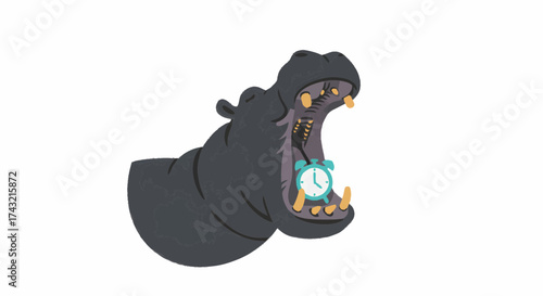 Playful cartoon hippo with an alarm clock in its open mouth, symbolizing time running out. Creative illustration for deadlines, urgency, and managing schedules efficiently