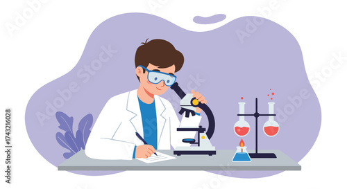 Scientist in Lab Coat Examining Specimen Under Microscope with Test Tubes.