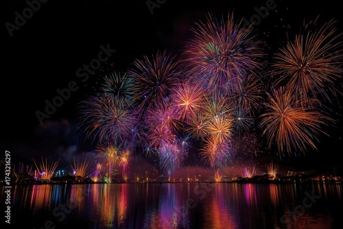 Colorful Fireworks Display Over Still Water Reflecting Lights at Night Celebratory Sky with Dark Background
