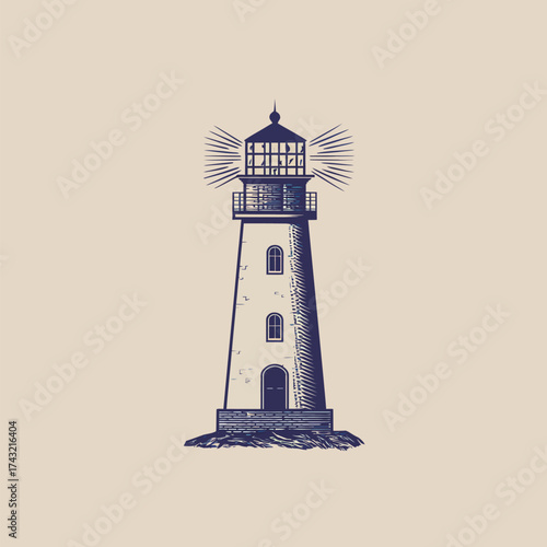 A tall lighthouse stands against a clear background, radiating light from its lantern. It serves as a navigation aid for nearby boats and sailors.