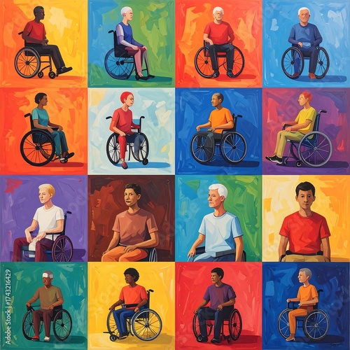 Multicolored art with people in wheelchairs