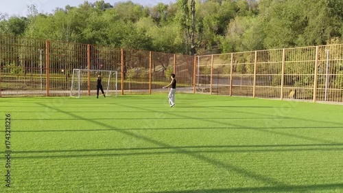 Young man in dark clothes holds red ball, green artificial turf, wide space. Goalkeeper watching from goal, both players training and strategizing.