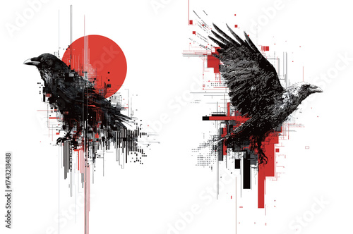 Raven artwork features bold black strokes and vibrant red accents, set against a contrasting abstract background. The design combines realism and modern elements.