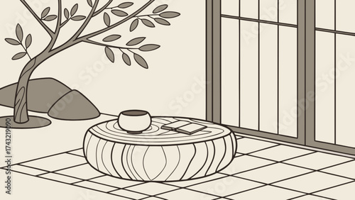 Illustration of japanese zen garden with tea set and book on table near window and tree art