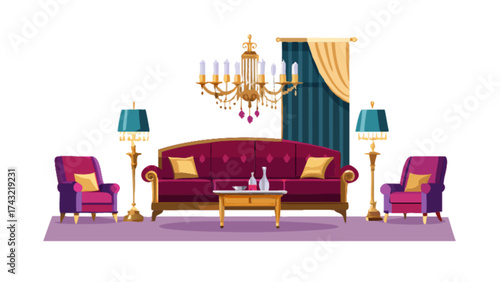 Elegant living room interior design with sofa armchairs chandelier and floor lamps illustration