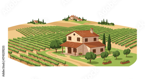 Idyllic Tuscan Farmhouse Amidst Rolling Vineyards and Cypress Trees