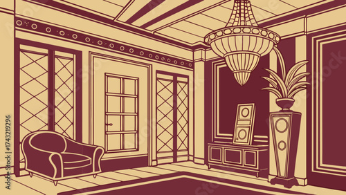 Illustration of interior design living room with chandelier and furniture art deco style drawing