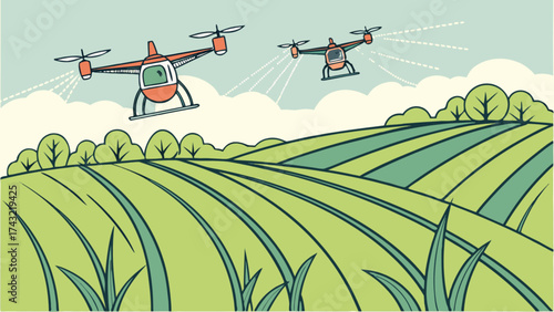 Agricultural drone spraying crops illustration for precision farming and modern agriculture tech use