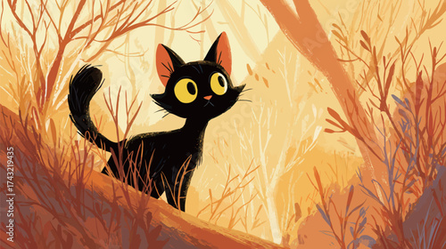 A curious black cat with large yellow eyes is wandering through a vibrant autumn forest filled with colorful branches and foliage.