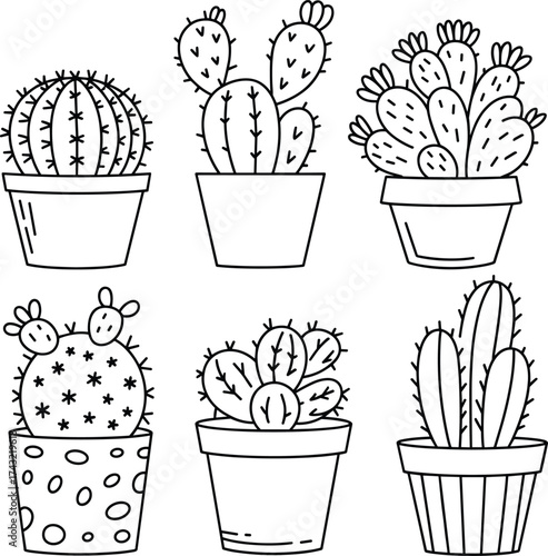 Minimalist black and white cactus illustration set, potted succulent plants line art, modern botanical vector design for home decor