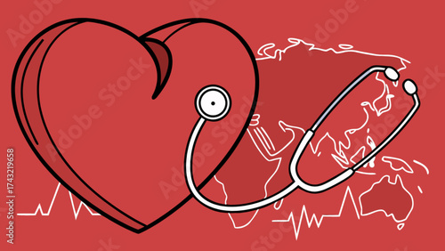 Heart health checkup with stethoscope and world map background for cardiovascular disease awareness