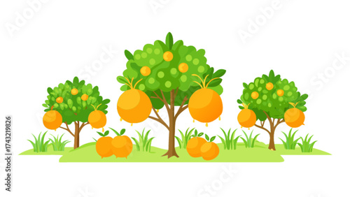 Illustration of orange trees orchard with ripe oranges ready for harvest in a fruit garden farm