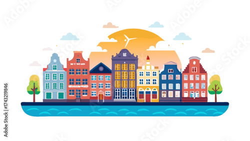 Amsterdam canal houses vector illustration, colorful dutch architecture travel destination background design