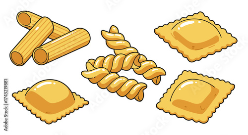 Cartoon Pasta Assortment Illustration Rigatoni, Fusilli, Ravioli for Italian Cuisine Concepts