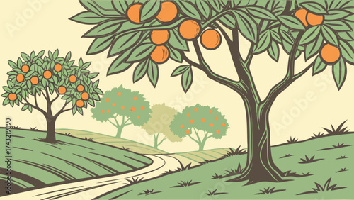Vintage orange grove illustration with fruit trees and winding path in retro style landscape art