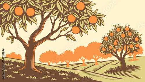 Vintage orange grove illustration with citrus trees and rolling hills landscape background art print