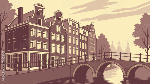 Beautiful amsterdam canal houses and bridge illustration vector art cityscape travel tourism europe scene