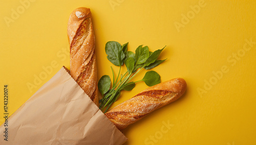 Baguette and greens on yellow bread spinach